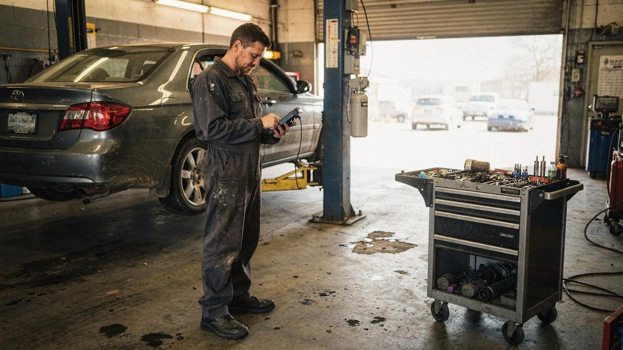 Technician reading live sensor data on a scan tool beside a car raised on a two-post lift