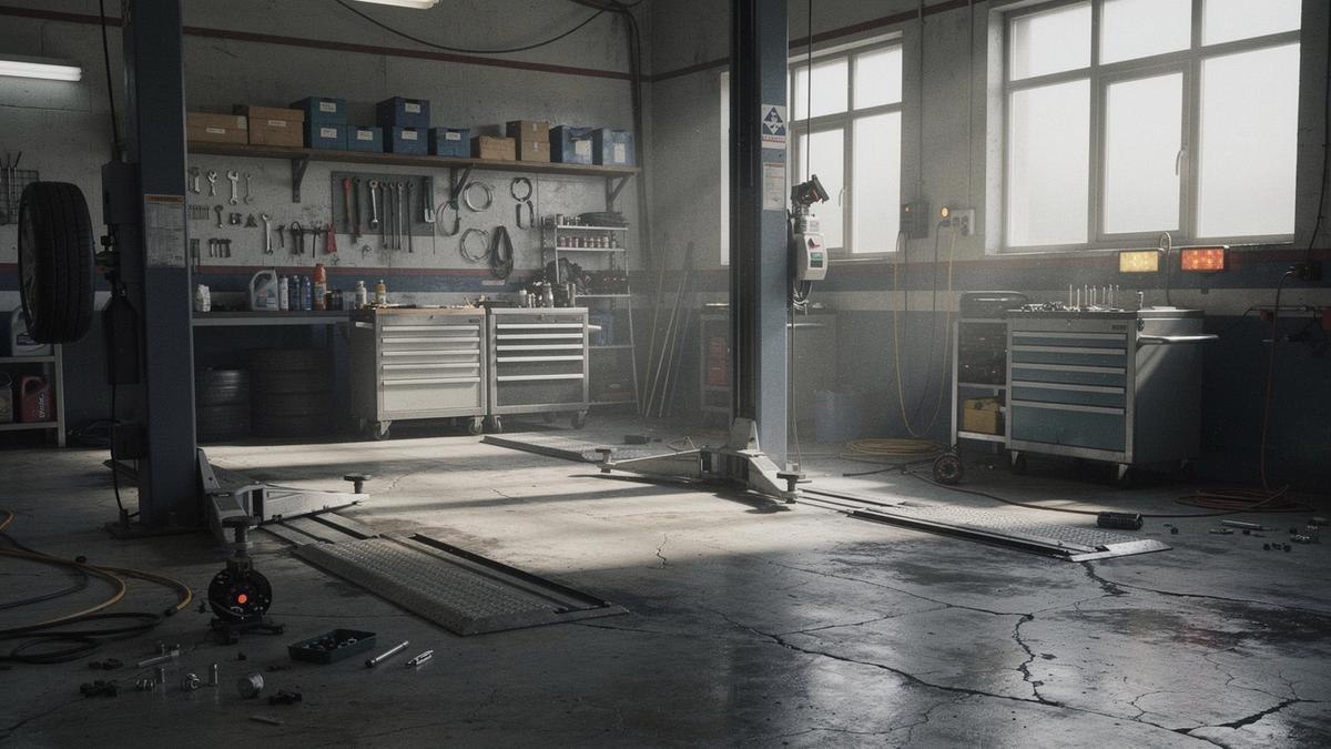 Service bay of a partner workshop with a lift and diagnostic equipment